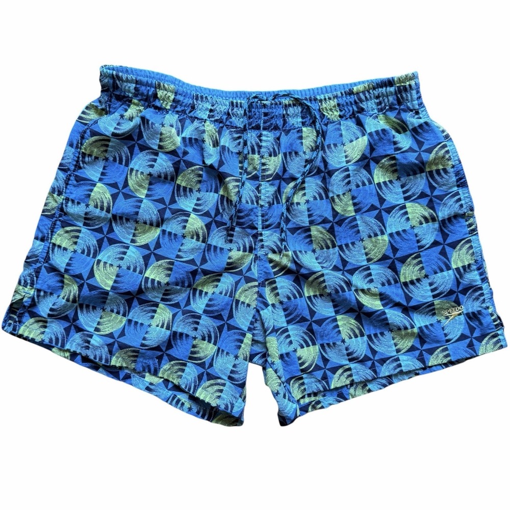 Vintage 80s 90s Speedo Mens M/L Swim Trunks Side Split Hem Blue Green Geometric